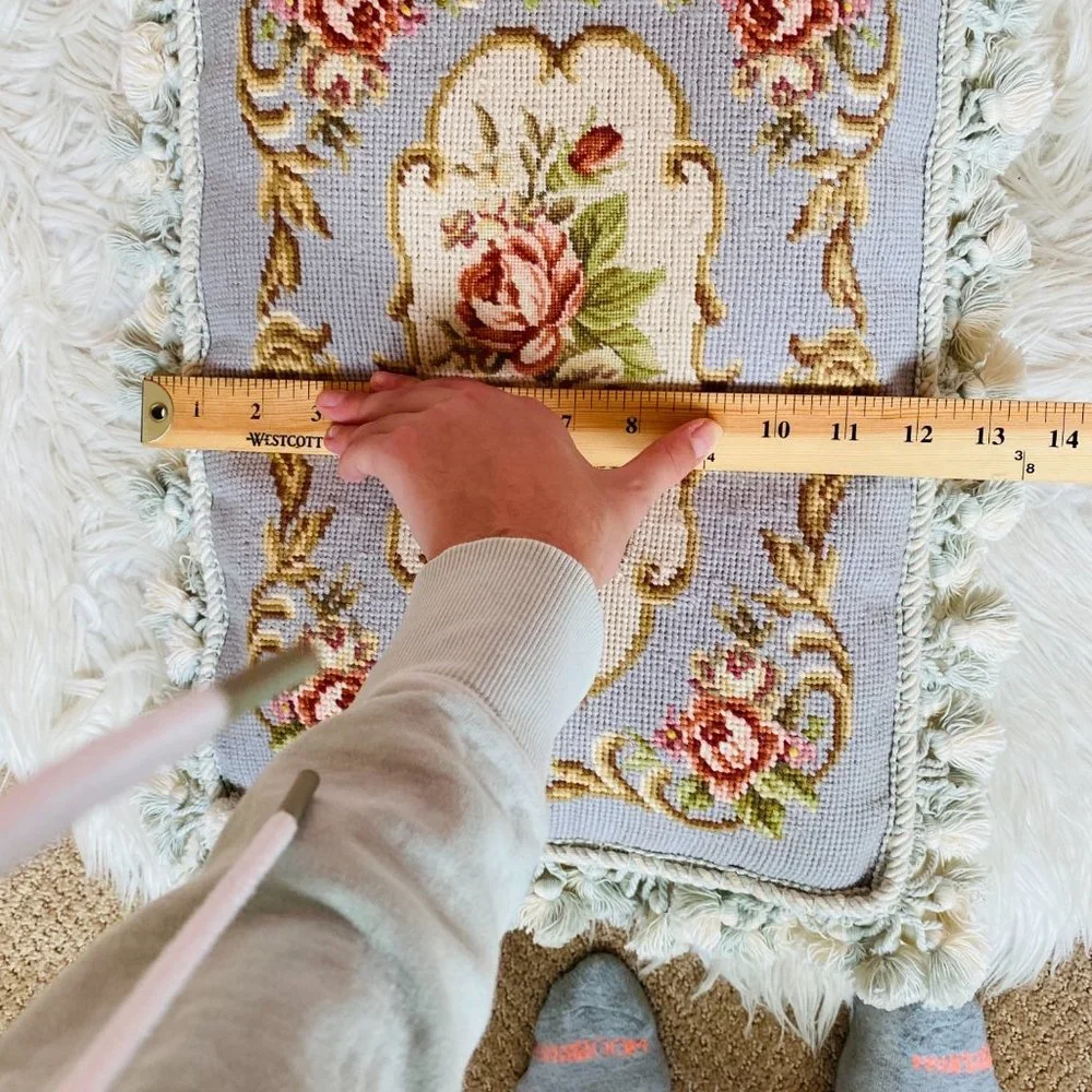 Needlepoint Floral Embroidered Velvet Wool Tassel Trim Decorative Throw Pillow 1